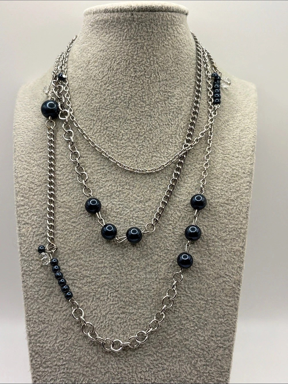 Layered Beaded Chain Necklace in Black & Silver Like New